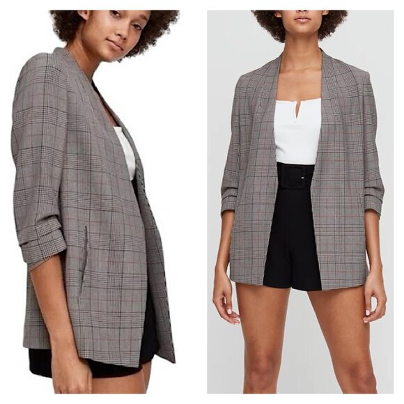BABATON (Aritzia) 00 Houndstooth Power Blazer Open Front Jacket Ruched Sleeve - Picture 1 of 10